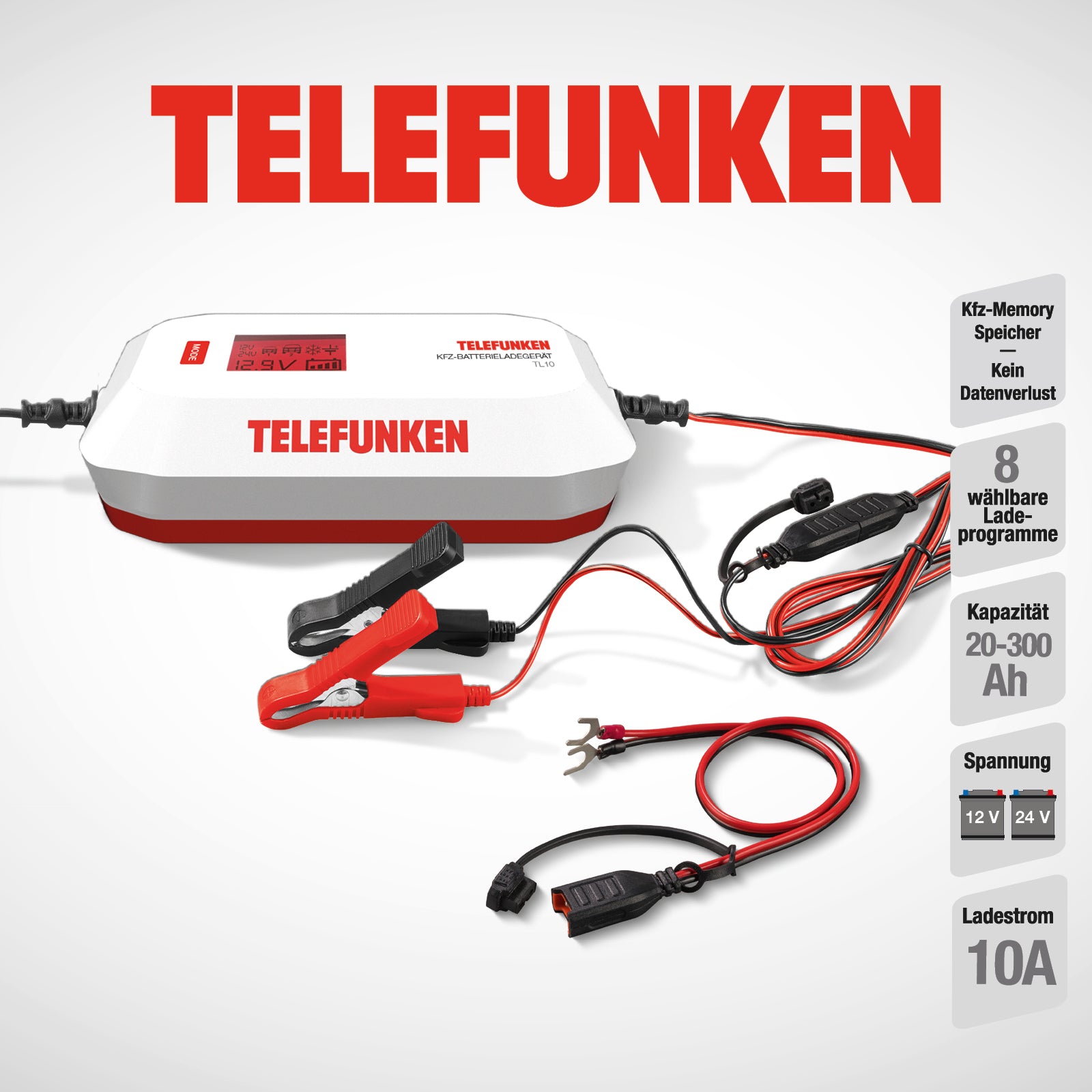 Caricabatteria per auto Telefunken TL10 12V/24V PIOMBO - ACIDO,WET/AGM/EFB/GEL - Rikushop