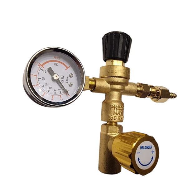 Regolatore di pressione M10x1 destro con valvola di intercettazione combo gas di protezione per bombole monouso uscita 1/4" con 1 manometro litri/min - Rikushop