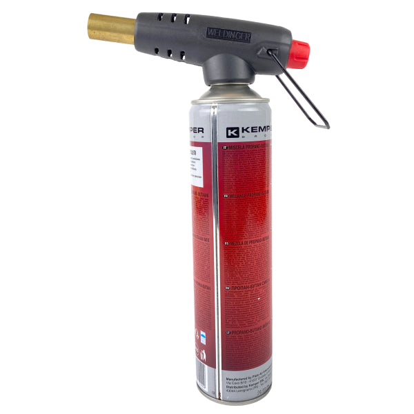 Torcia per saldatura eco WELDINGER con valvola di regolazione micrometrica, accensione piezoelettrica e attacco 7/16" per cartucce di gas - Rikushop