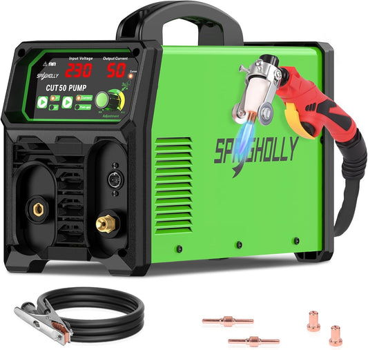 Taglierina al plasma con compressore e pompa d'aria integrati, inverter IGBT 50A digitale 230V, modalità 2T/4T, accensione HF, taglio max 12 mm