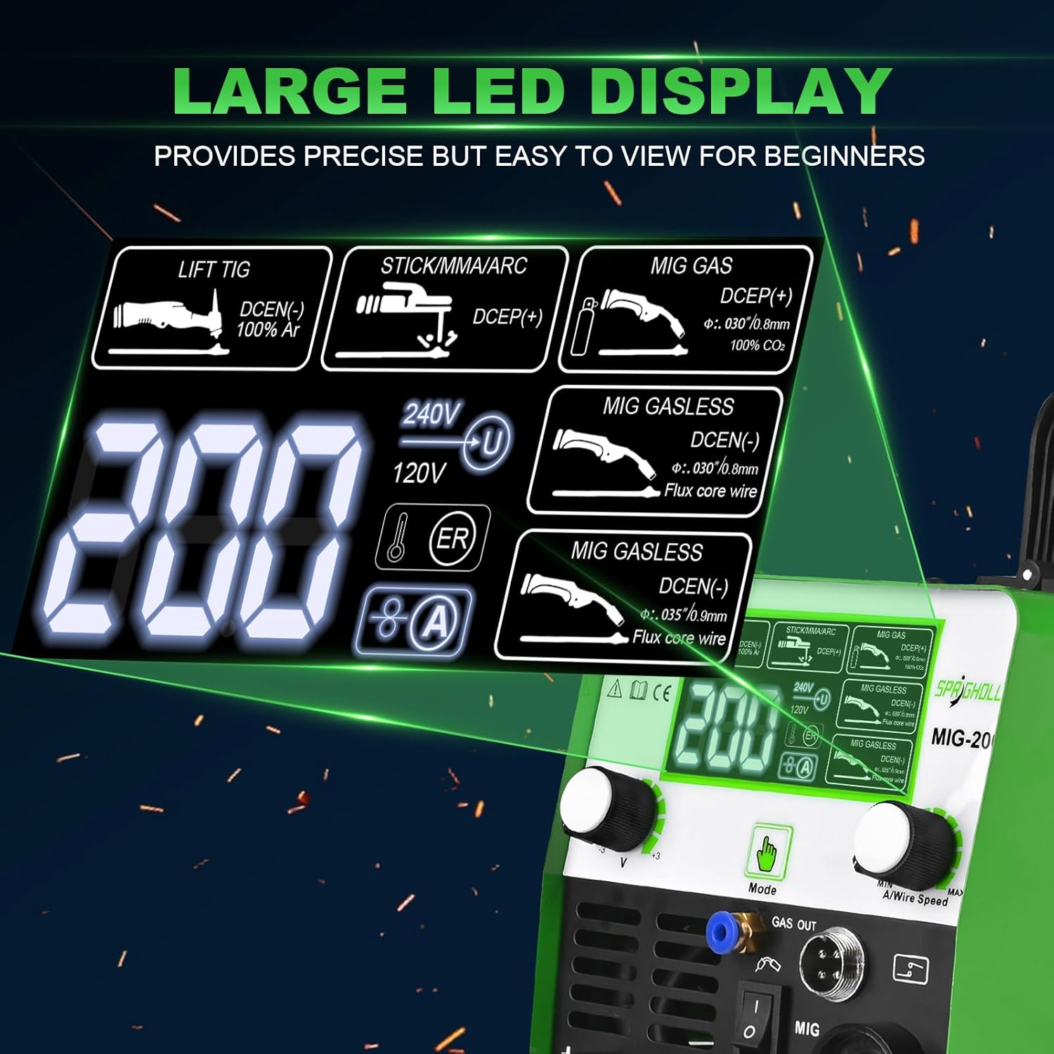[RECON] SPRIGHOLLY MIG 200 A - MIG 200 A 240 V, 4 in 1, saldatrice multiprocesso, MIG-gas/saldatura senza gas/Lift-TIG/asta/punti, grande aggiornamento display LED revisionata - Rikushop