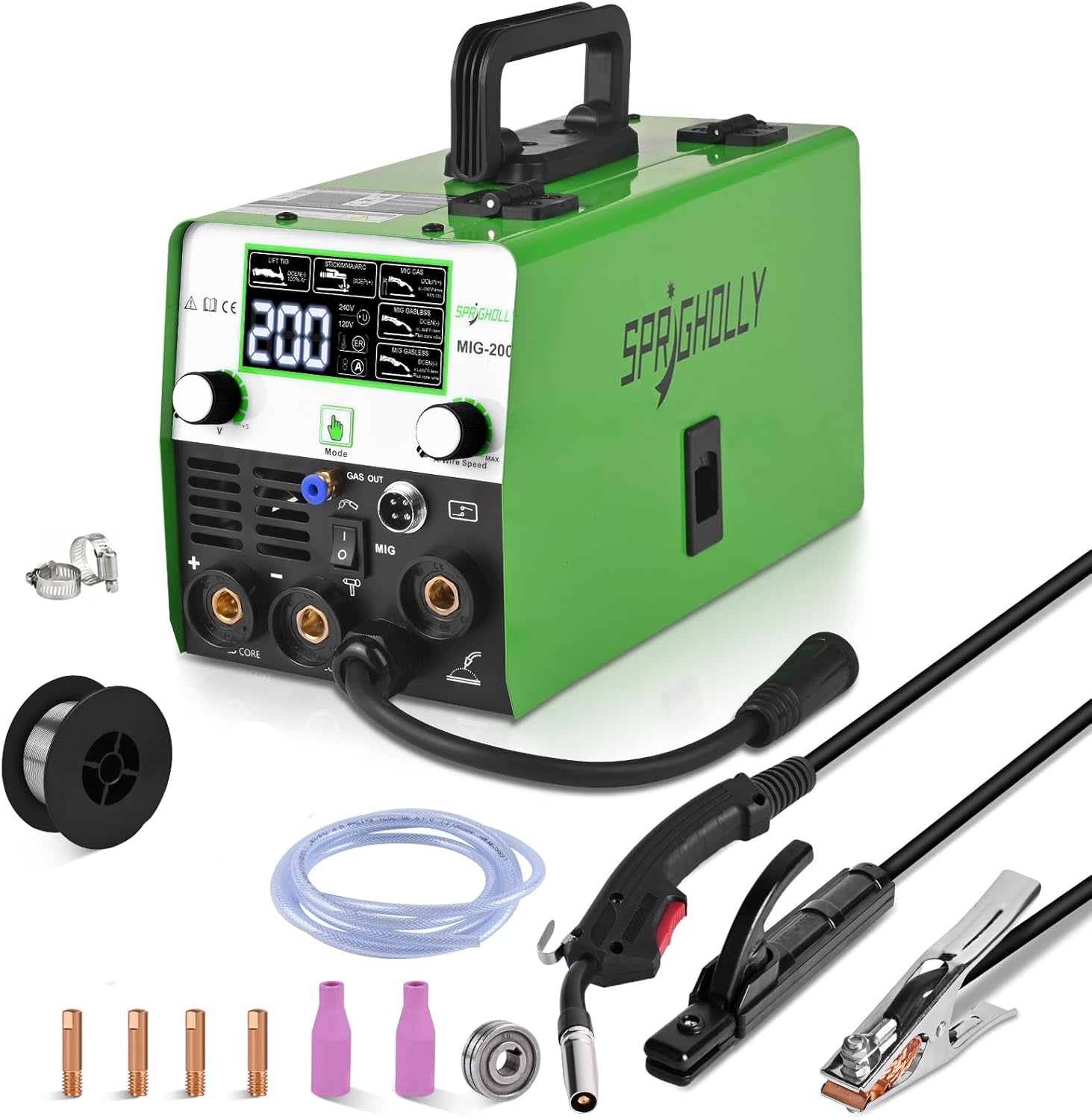 [RECON] SPRIGHOLLY MIG 200 A - MIG 200 A 240 V, 4 in 1, saldatrice multiprocesso, MIG-gas/saldatura senza gas/Lift-TIG/asta/punti, grande aggiornamento display LED revisionata - Rikushop