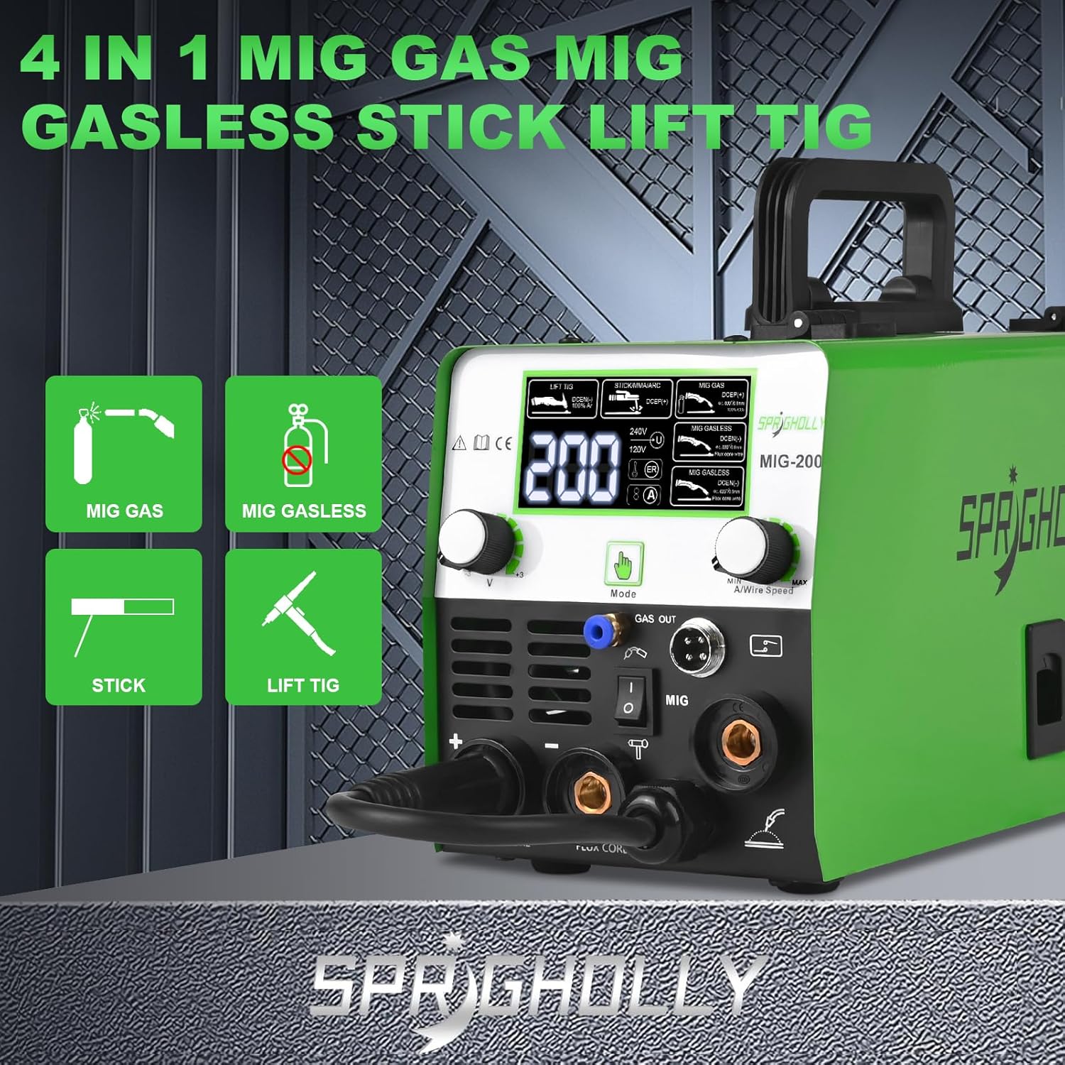 [RECON] SPRIGHOLLY MIG 200 A - MIG 200 A 240 V, 4 in 1, saldatrice multiprocesso, MIG-gas/saldatura senza gas/Lift-TIG/asta/punti, grande aggiornamento display LED revisionata - Rikushop