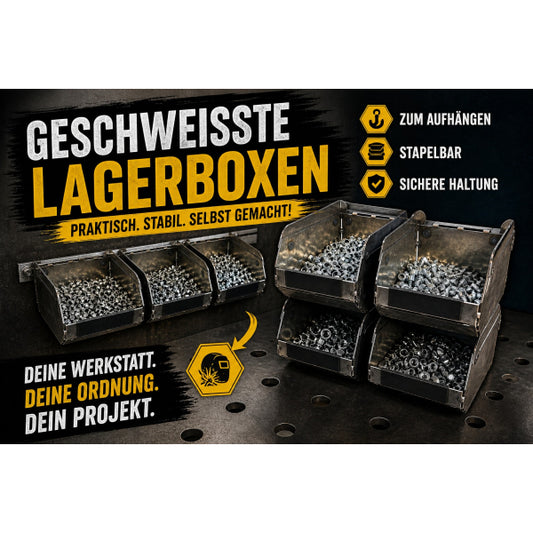 Kit di saldatura: pezzo di esercitazione – cassetta impilabile 100x150x90 mm in lamiera d'acciaio da 2 mm