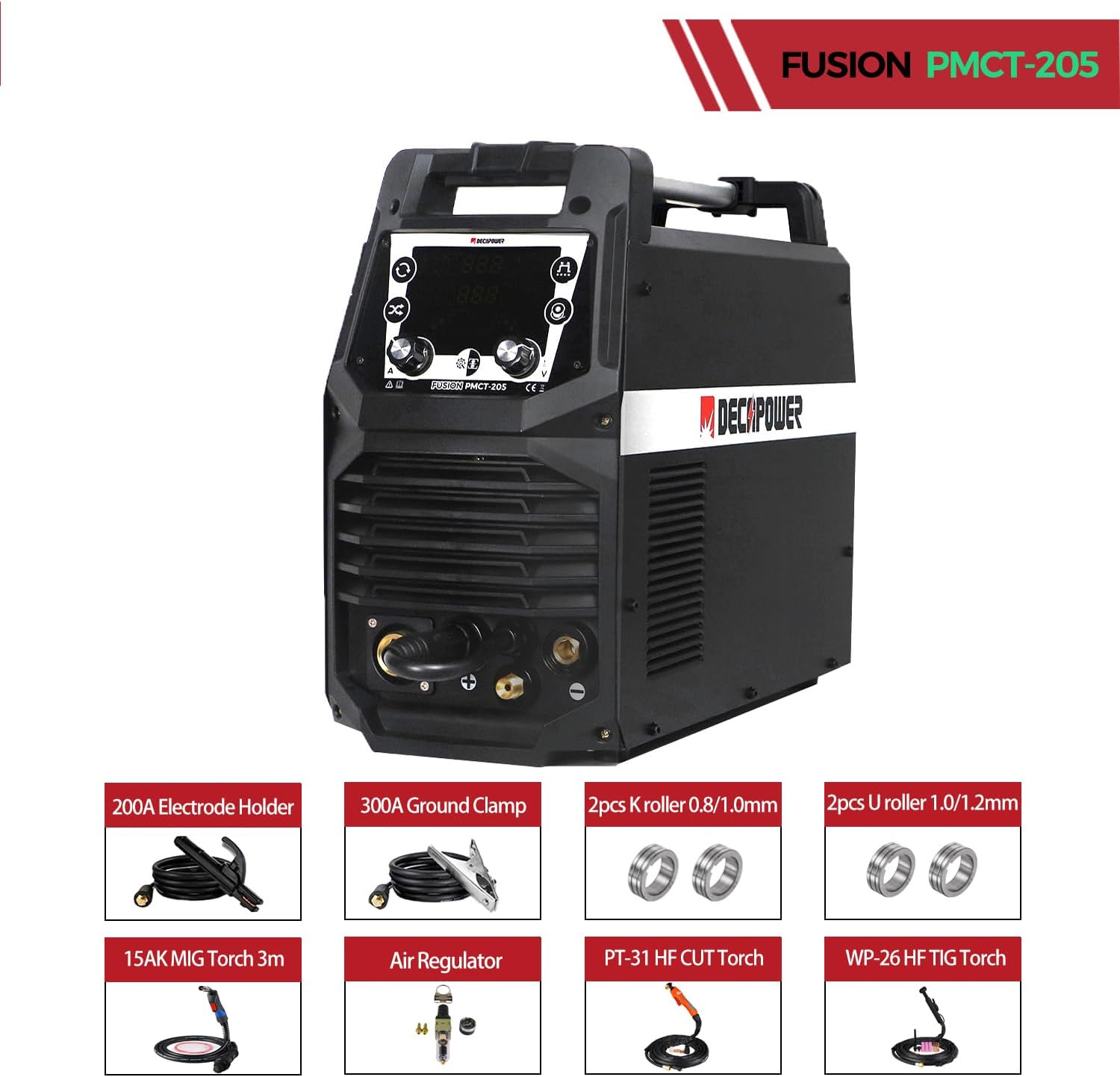 Decapower - Saldatrice sinergica 200A Pulse MIG MAG MMA HF TIG CUT 6 in 1 con gas senza gas saldatrice (PMCT 205 PACK 3) - Rikushop