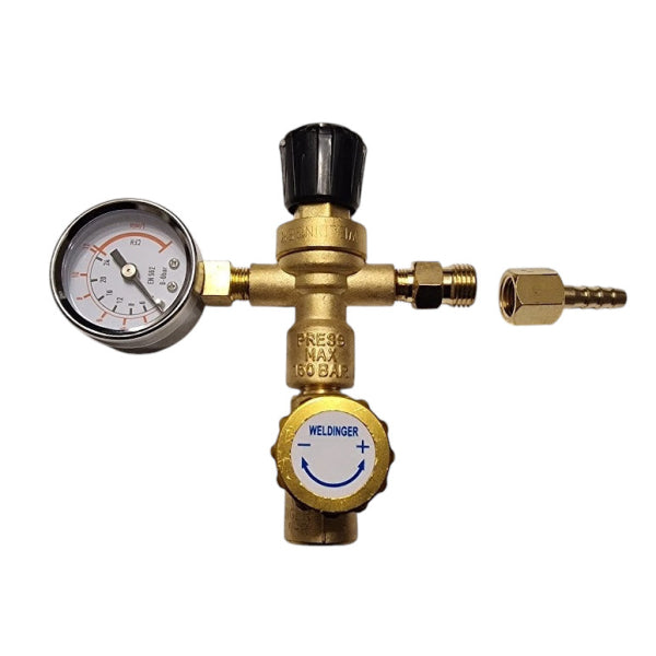 Regolatore di pressione M10x1 destro con valvola di intercettazione combo gas di protezione per bombole monouso uscita 1/4" con 1 manometro litri/min - Rikushop