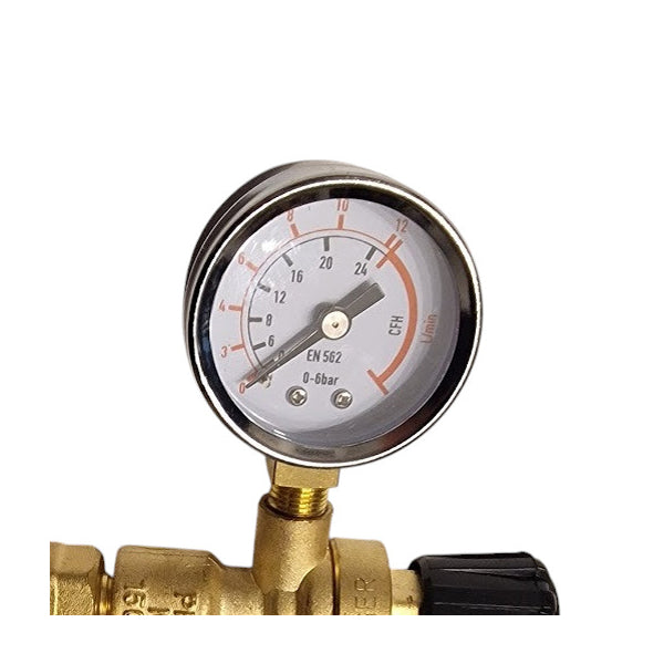 Regolatore di pressione M10x1 destro con valvola di intercettazione combo gas di protezione per bombole monouso uscita 1/4" con 1 manometro litri/min - Rikushop