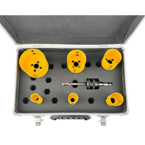 Set di seghe a tazza bimetalliche con sistema di cambio rapido per metallo e legno, in valigetta (misure: 22, 25, 32, 44, 51, 68 mm)