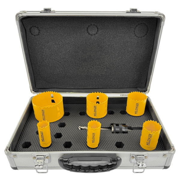 Set di seghe a tazza bimetalliche con sistema di cambio rapido per metallo e legno, in valigetta (misure: 22, 25, 32, 44, 51, 68 mm)