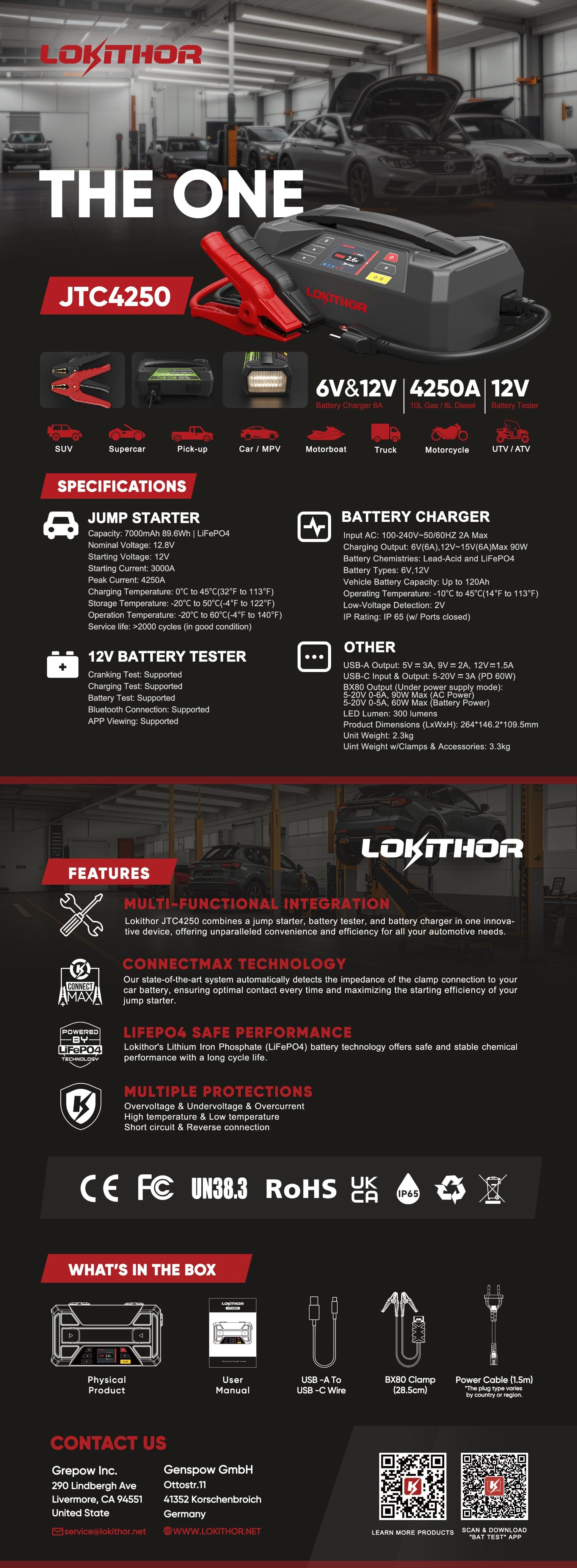 LOKITHOR JTC4250 Caricabatteria, Jump Starter, Tester batteria, Powerbank-4250A di spunto - Rikushop