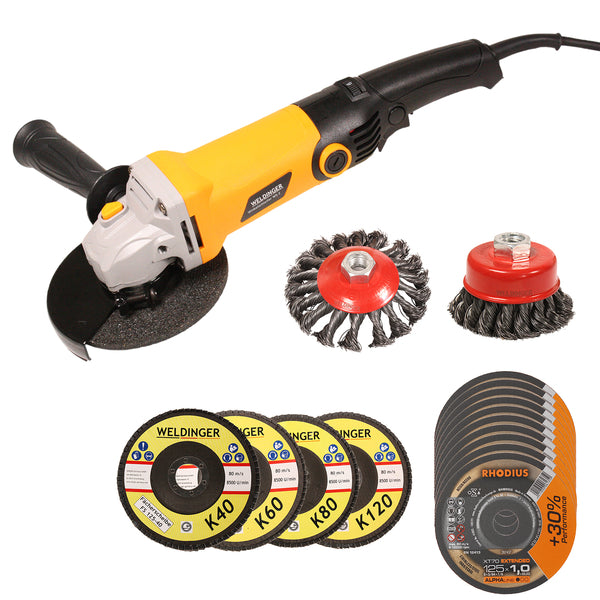 Set WELDINGER smerigliatrice angolare WS-2 con dischi da taglio, dischi lamellari e spazzole - Rikushop