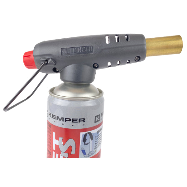 Torcia per saldatura eco WELDINGER con valvola di regolazione micrometrica, accensione piezoelettrica e attacco 7/16" per cartucce di gas - Rikushop