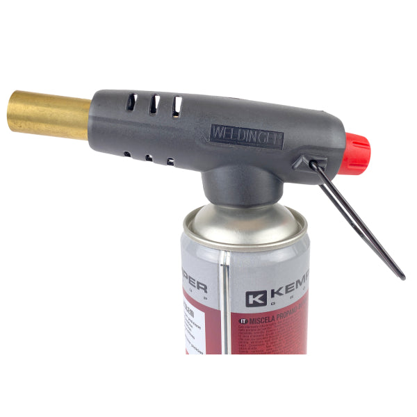 Torcia per saldatura eco WELDINGER con valvola di regolazione micrometrica, accensione piezoelettrica e attacco 7/16" per cartucce di gas - Rikushop
